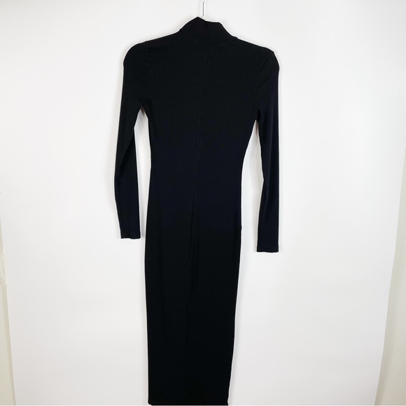 Black Ribbed Mock Neck Bodycon Long Sleeve Midi Dress Front Slit - Dynamite - Picture 5 of 7
